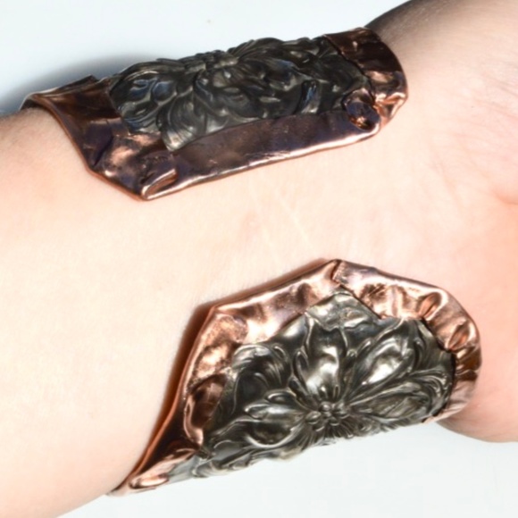 Antique Floral Sterling Silver Copper Cuff Unger - Picture 7 of 7